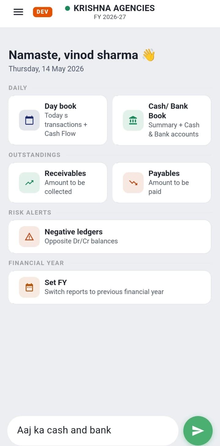 SetuBi mobile dashboard showing daily books, outstandings, and risk alerts